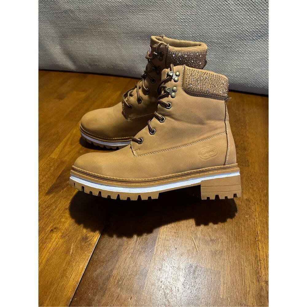 Ecco Red Womens Nubuck Leather Tan Block Platform Boots Rhinestone Womens 8